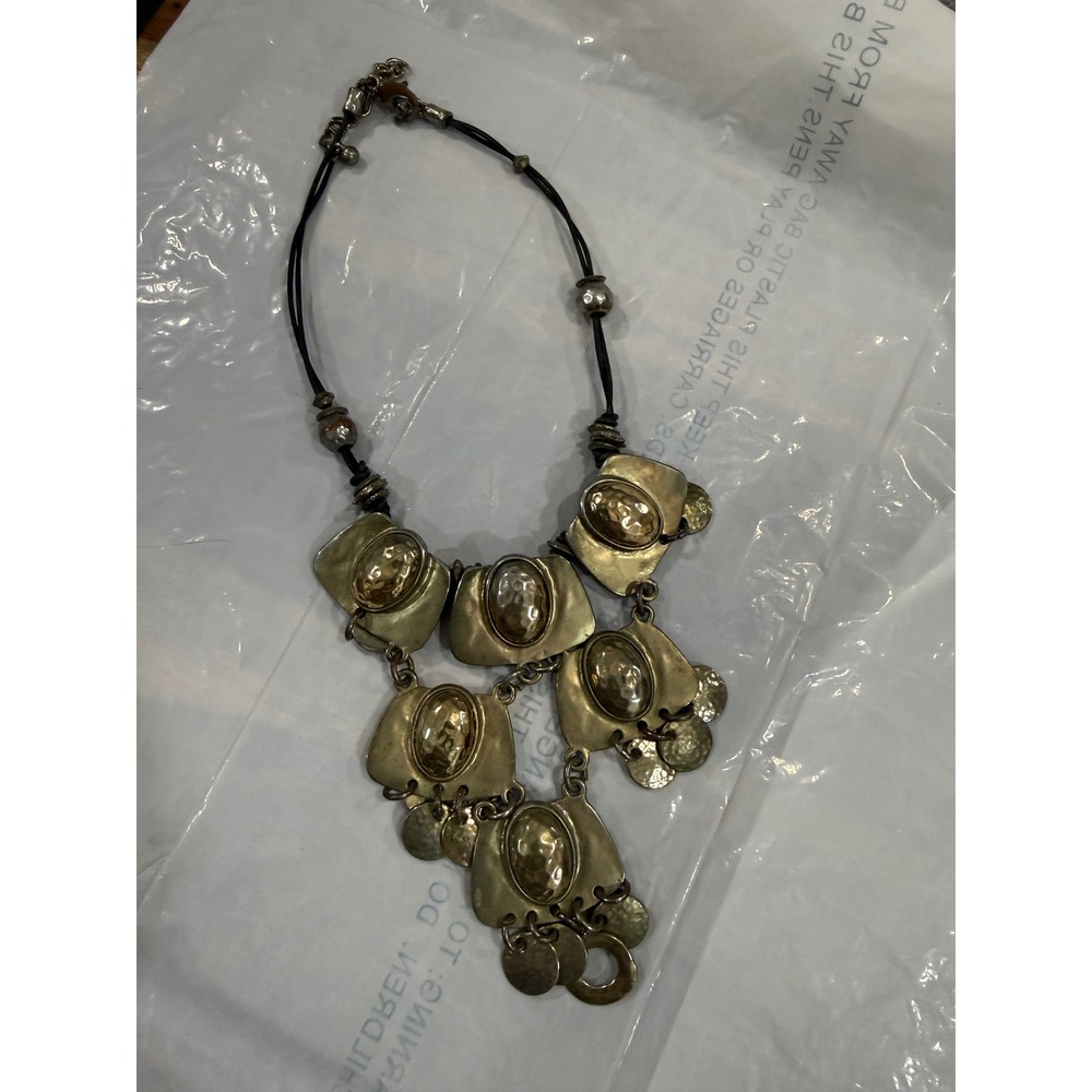 Vintage Boho Hammered Brass Tone Tiered Bib Statement Necklace Multi Strand Cord
